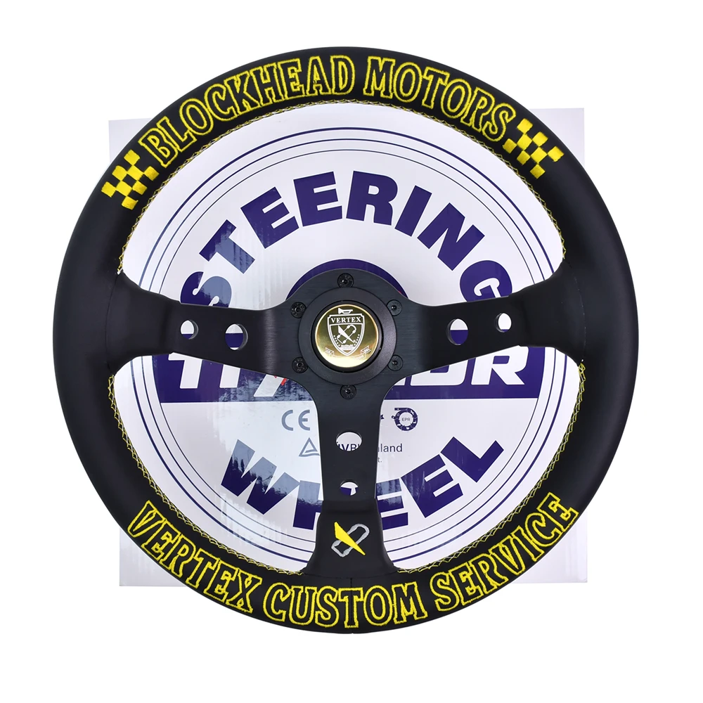VERTEX STE-BHS 330mm Racing Steering Wheel Black Leather Gold Embroidery Universal Steering wheels for American Vintage Style