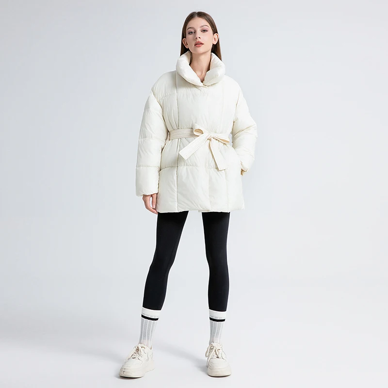 Jaqueta de puffer de inverno feminina com gola estande com cintos, Parka acolchoada de algodão sólido, casaco bolha super quente, novos saldos, moda, 2024