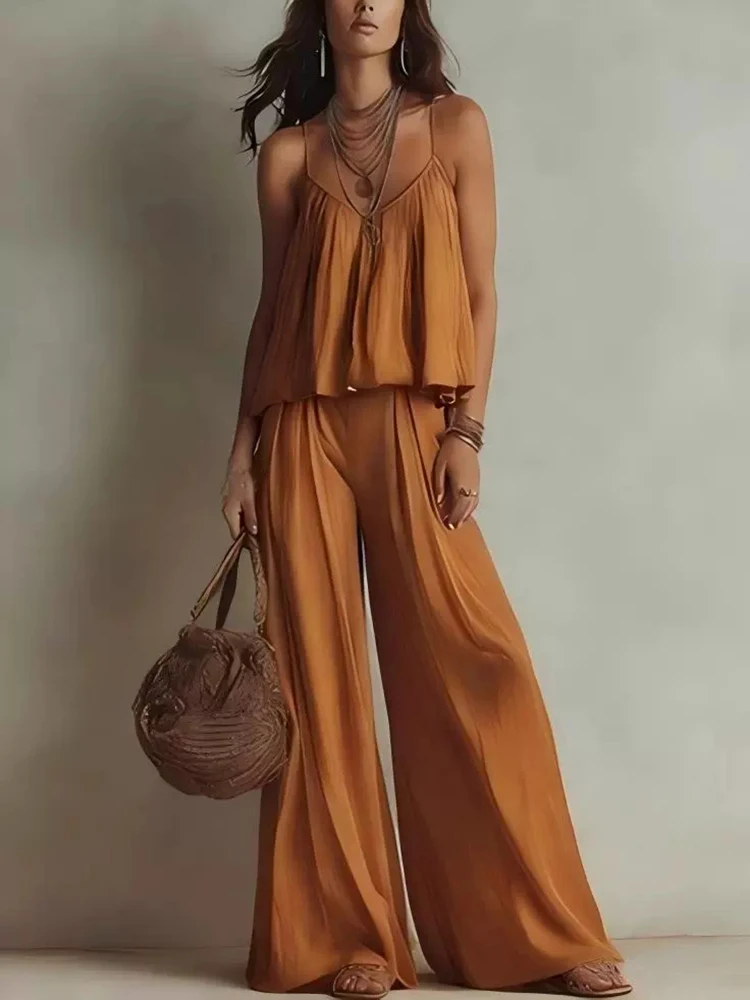 

Casual V-neck Halter Vest&Long Pants Sets Summer Solid Color Lady Hollow Out Vacation Sets Elegant High Waist Wide Leg Pants Set