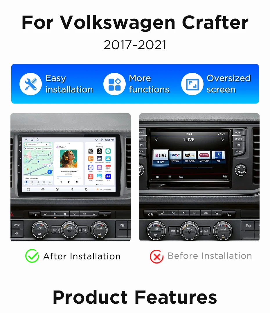 Android Autoradio für Volkswagen (VW) Crafter Mk2 (SY/SZ) 2017-2021 GPS-Navigation, Multimedia-Player, WiFi, DSP, RDS, BT, SWC, IPS-Touchscreen