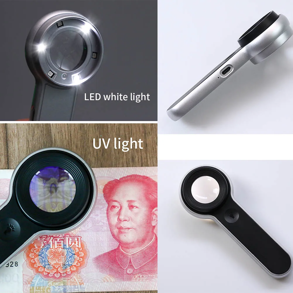 60X Handheld Magnifying Glass USB C Rechargeable 6 LED light Reading 30mm Lens High Magnification circuits jewellery Jade