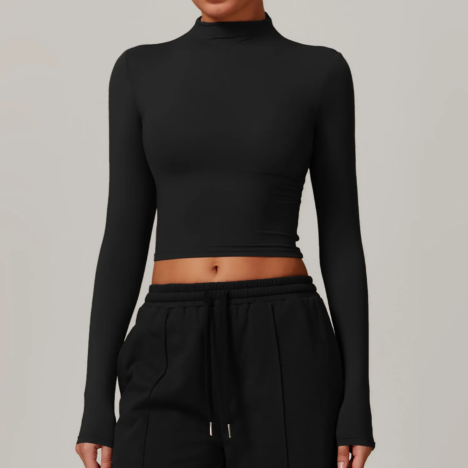 Women Crop Tops High Neck Yoga T-shirts Solid Sports Top Long Sleeve Running Shirts Exposed Navel Quick Dry Fitness Gym Sport