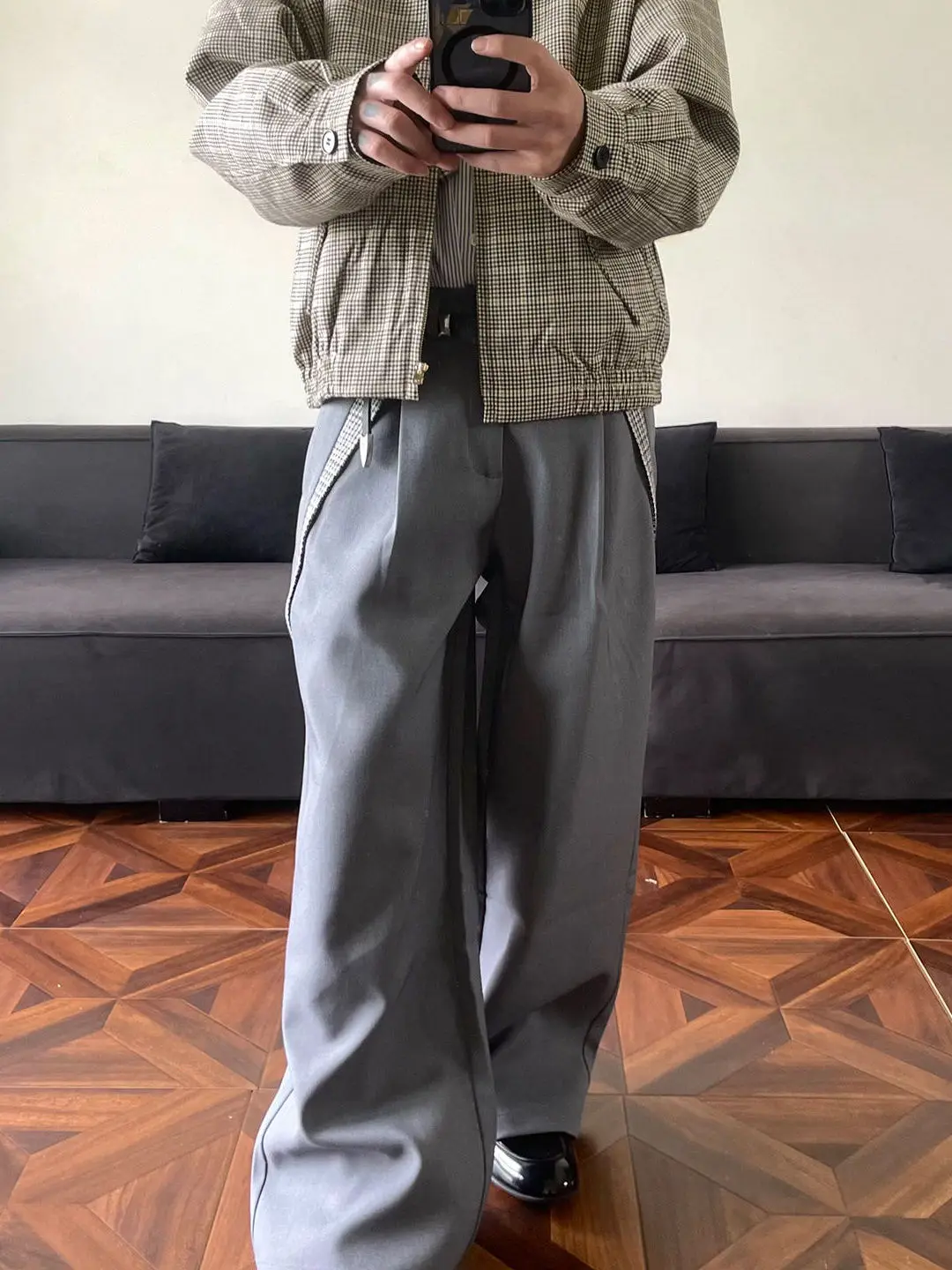 

Retro American Plaid Splicing Pleated Wide Leg Pants Men Women Spring Cleanfit High Sensation Versatile Couple Pants