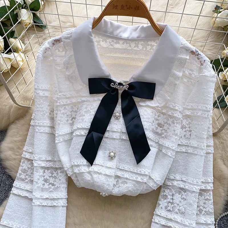 

French Style High-End Color-Block Bow Doll Collar Long Sleeve Lace Blouse For Women Autumn Thin Base Shirt