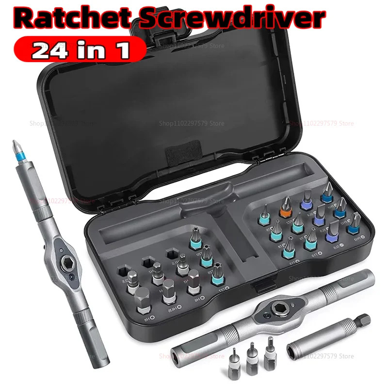 

Набор универсальных отверток с храповым механизмом 24 в 1 RS1 с магнитными стальными битами S2, беспроводной инструмент для ремонта электроники и домашнего использования