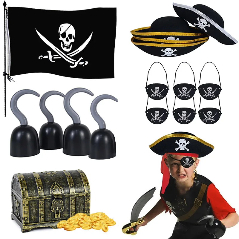 Children Pirate Costume Accessories Sets Pirate Eye Patches Pirate Flag Skull Print Pirate Hat Halloween Cosplay Party Kids Gift