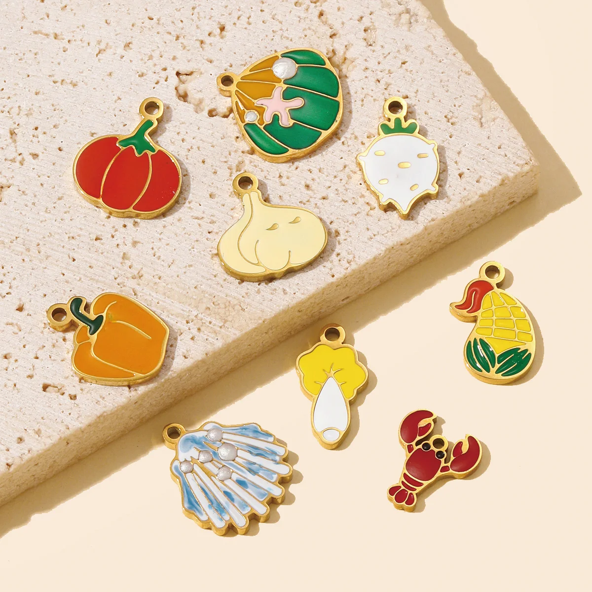 3pcs/Lot Cute Enamel Pumpkin Garlic Pepper DIY Charms Stainless Steel Cabbage Corn Turnip Necklace Pendants Vegetable Jewelry