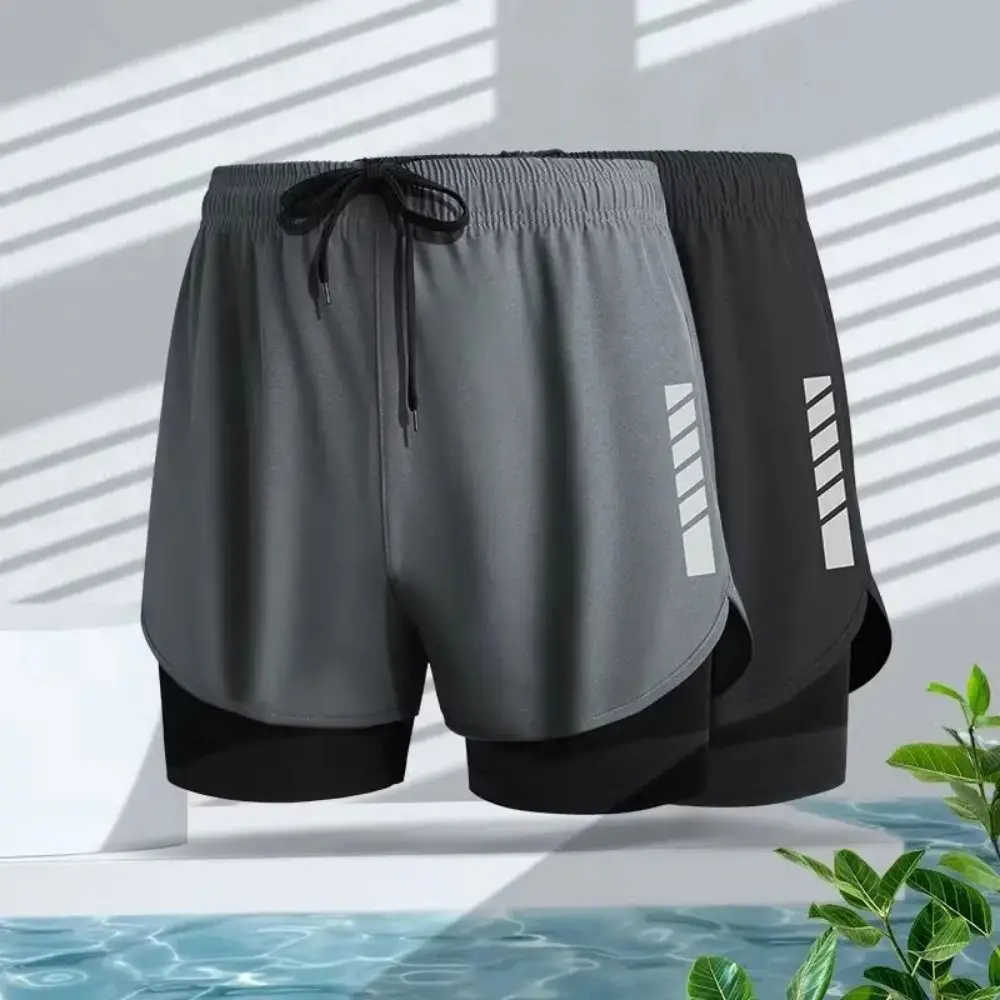 

Stripe Swimming Trunks Shorts Double Layer Mid Waist Men Sports Training Shorts Anti Glare Elastic Men's Jogging Shorts Running