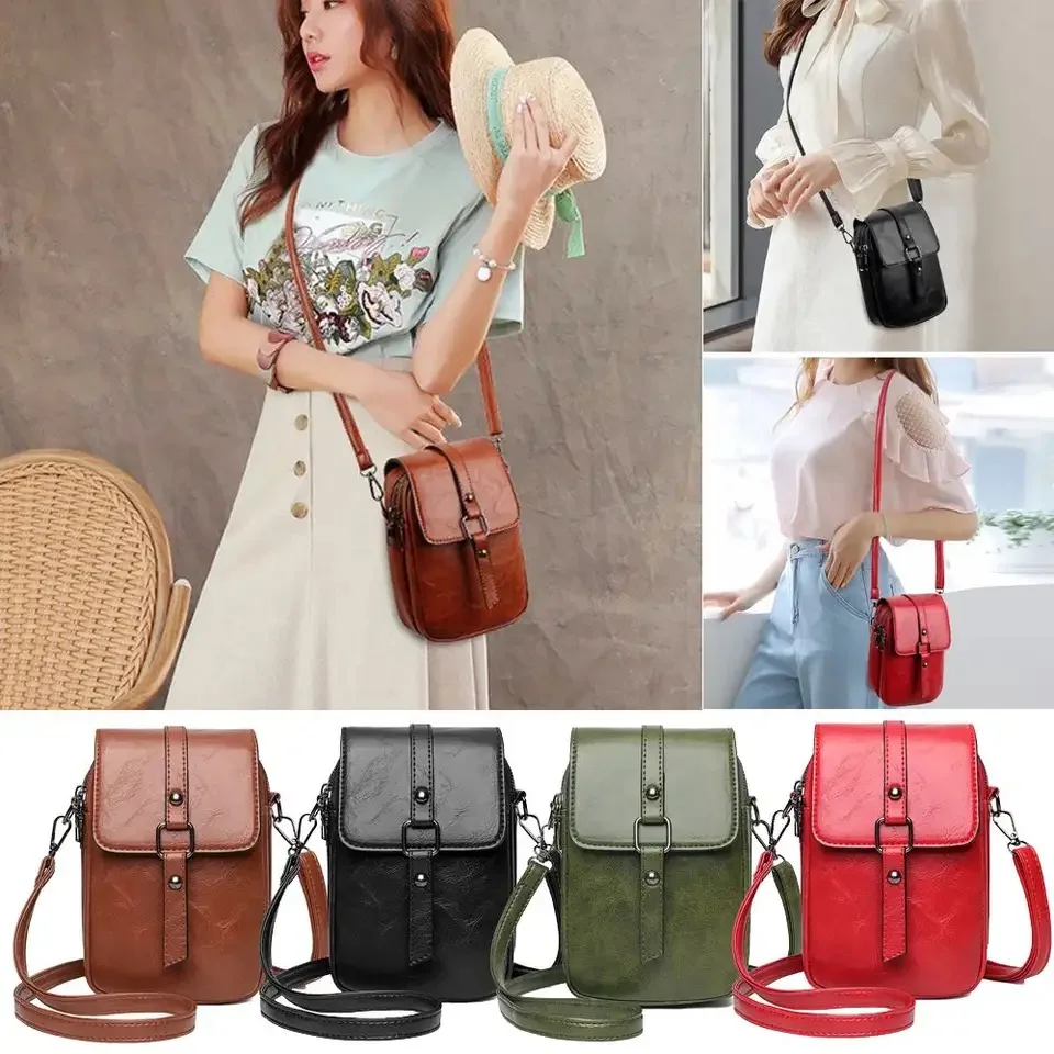 Vintage Mini Small Crossbody Bag Pu Leather Double Layer Pocket Zipper Phone Purse Wallet Women Handbag Single Shoulder Bags