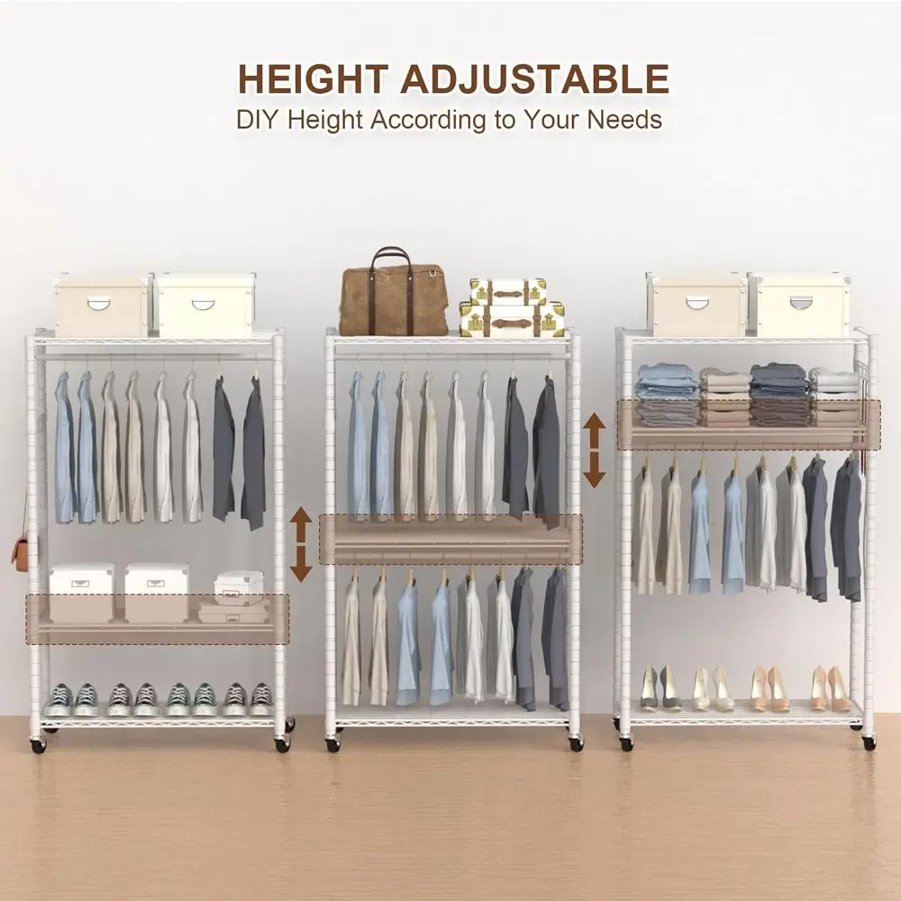 Adjustable 3-Tier Heavy-Duty Rolling Clothes Rack with Double Rods, Side Hooks, Holds 445lbs, White