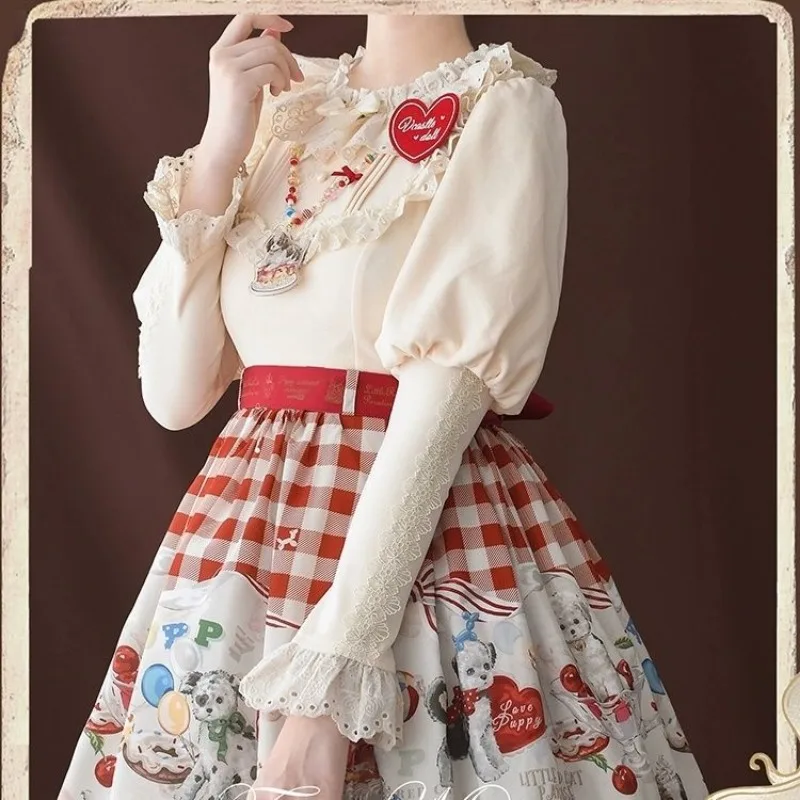 

Lolita Japanese Autumn Winter Padded Warm Inner Shirt Aesthetics O Neck Lace Ruffle Lamb Leg Sleeve Tops Sweet Cute Tees Bow New