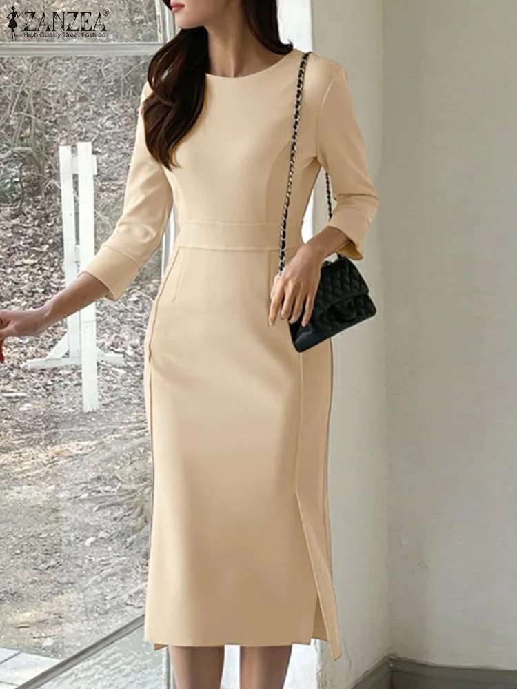 

2025 ZANZEA Elegant Women Office Lady Dresses 3/4 Sleeve Solid Color Midi Vestidos Autumn Casual Party Robe Waisted High Street