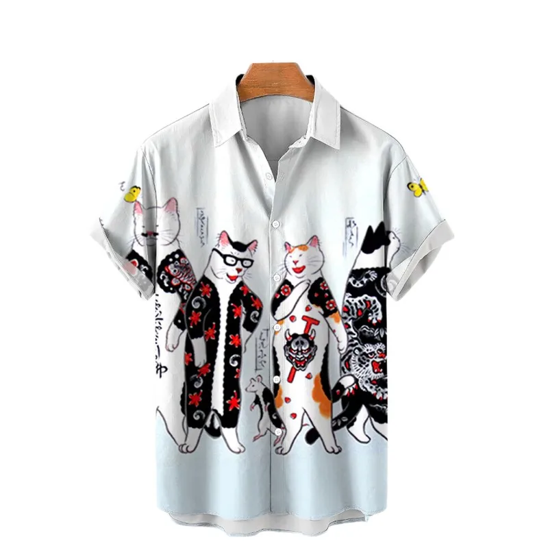 Camisa hawaiana con estampado de gato para hombre, Tops de manga corta, vacaciones en la playa, puesta de sol, Harajuku, camisas de estilo informal