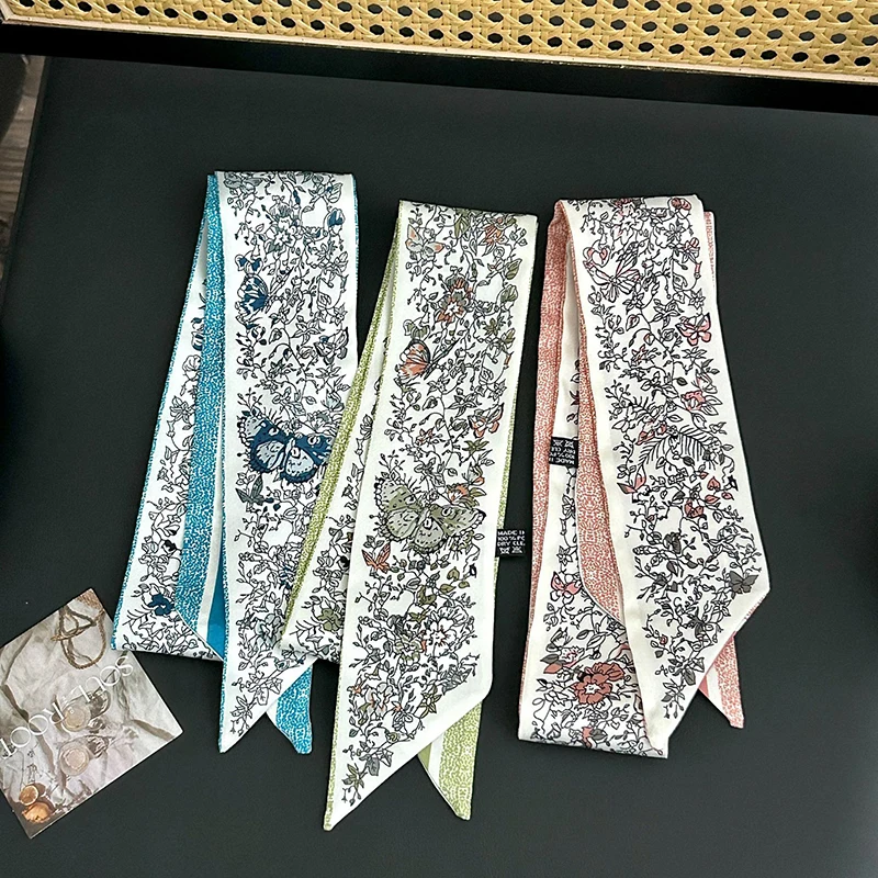 

2026 New Luxury Brand Scarf Butterfly Floral Print Women Silk Scarves Bag Tie Ribbon Hair Skinny Lady Neckerchief Headband
