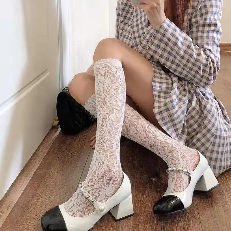 Women Sexy Floral Print Mesh Stockings Knee High Socks Soft Nylon Elastic Fishnet Fashion Long Leg Socks Designer Sheer Socks