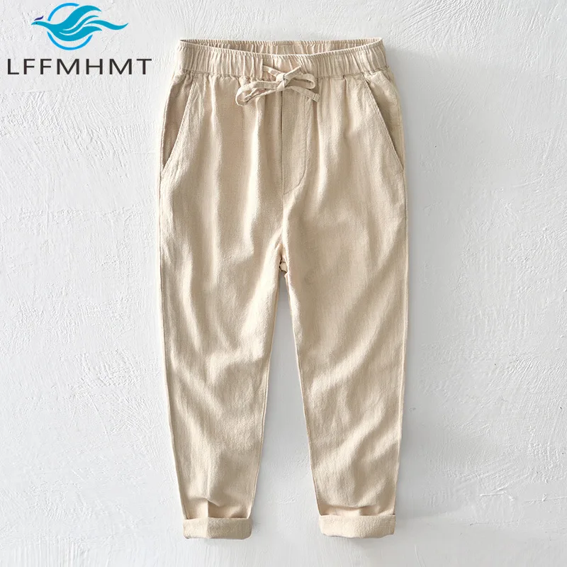 

L8223 Mens Loose Casual Linen Pants Good Quality Japan Style Elastic Waist Solid Color Simple Basic Cotton Ramie Youth Trousers