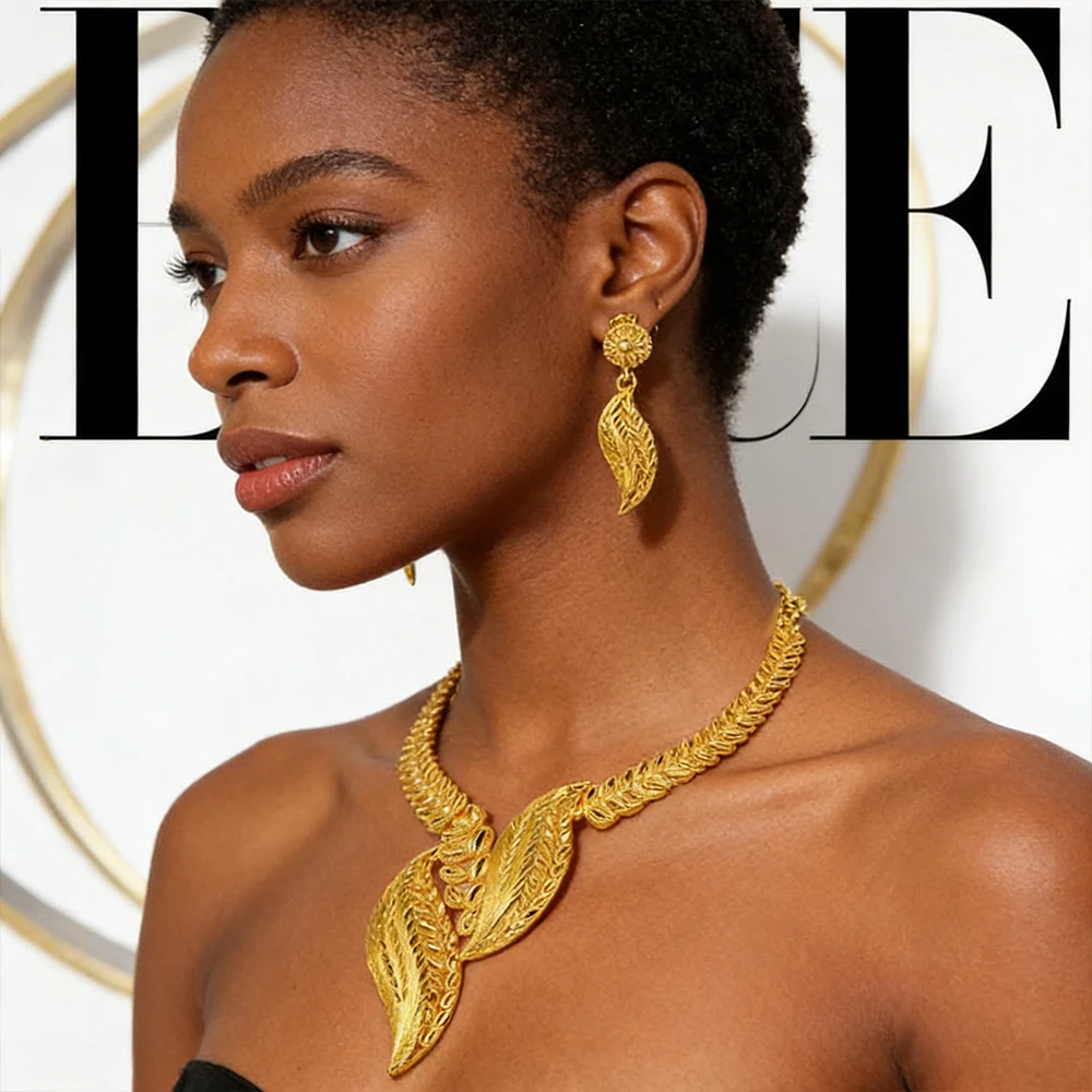 

African Jewelry Earrings Dubai Drop Earrings Set Women Design Necklace Jewelry Luxury Gold Color Necklace Wedding Gifts Party