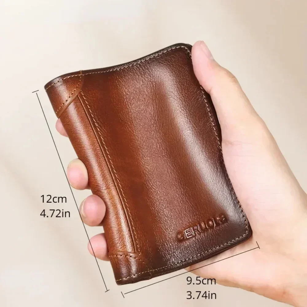 Men Wallet Genuine Leather Rfid Blocking Trifold Wallet Vintage Thin Short Multi Function ID Credit Card Holder Male Purse Money