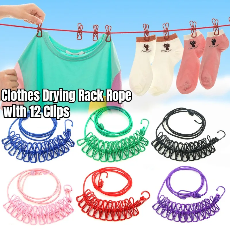 Retractable Clothes Drying Rack Rope with 12 Clips Portable Clothesline Storage Clothing Line for Laundry Drying Line Camping