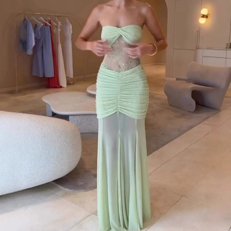 レディース新作ストラップレス、ギャザーメッシュパッチワークシアーレース、欧米風ドレス