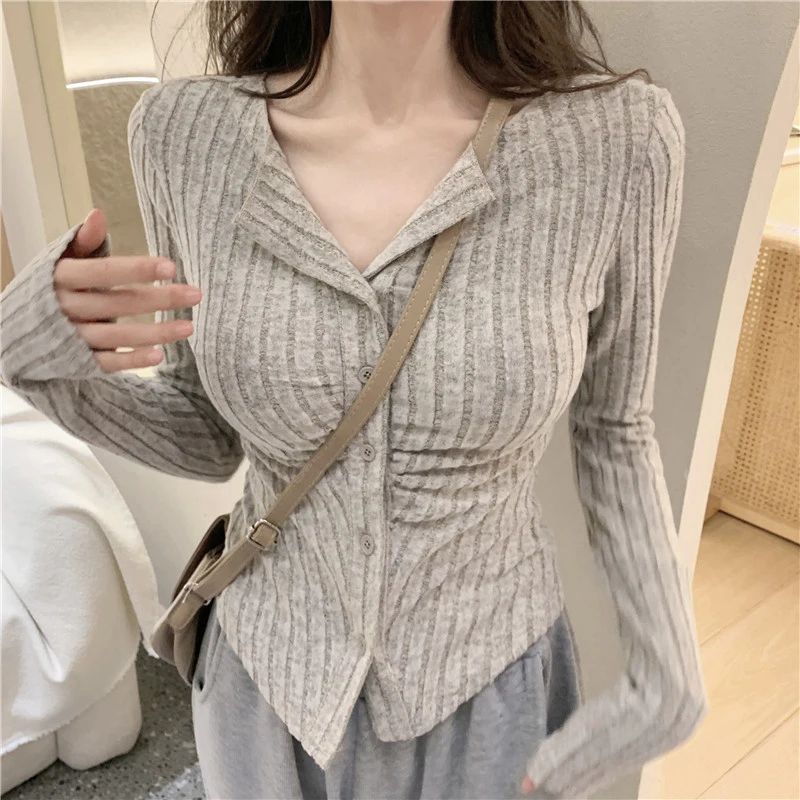 Autumn Knit Women Cardigan Korean Sweet Slim Chic Folds Long Sleeve Female Casual Sweaters Fashion New Ladies Warm Crop Tops