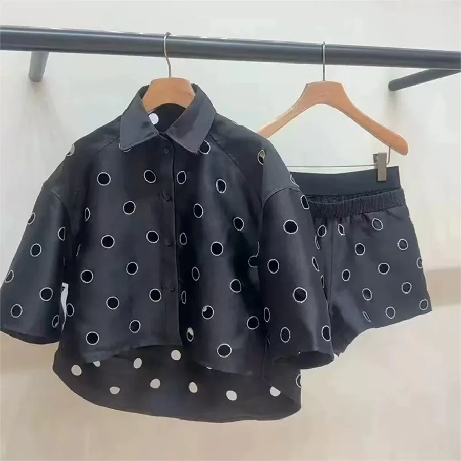 

【Gift Free】 2025 Early Fall Rhinestone Ring Cut-Out Drop Shoulder Collar Shirt & Shorts Set