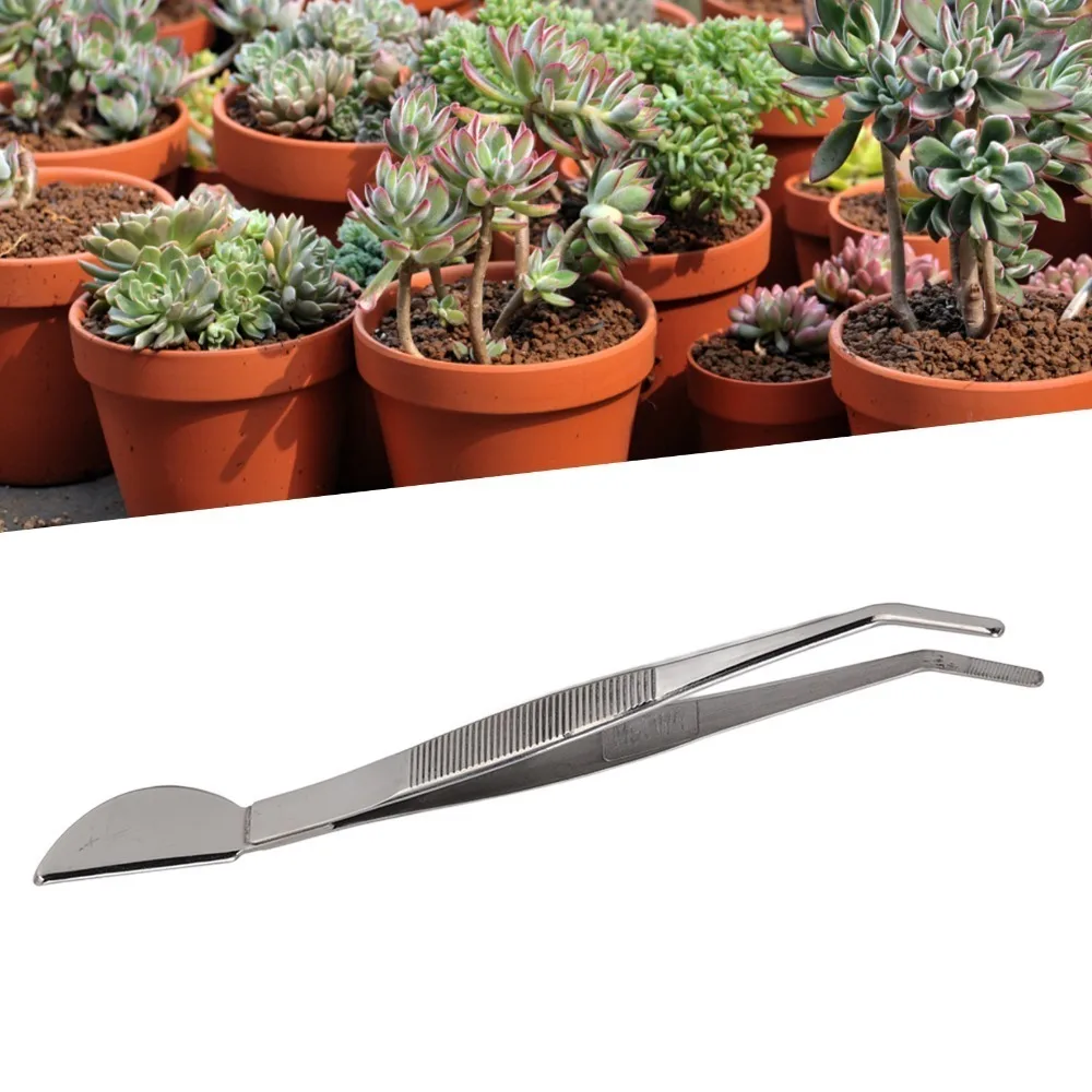 Long 2-in-1 Design Stainless Steel Tweezers Crescent Moon Head Straight Long Plant Tweezers Rust Proof Curved Plant Tweezers