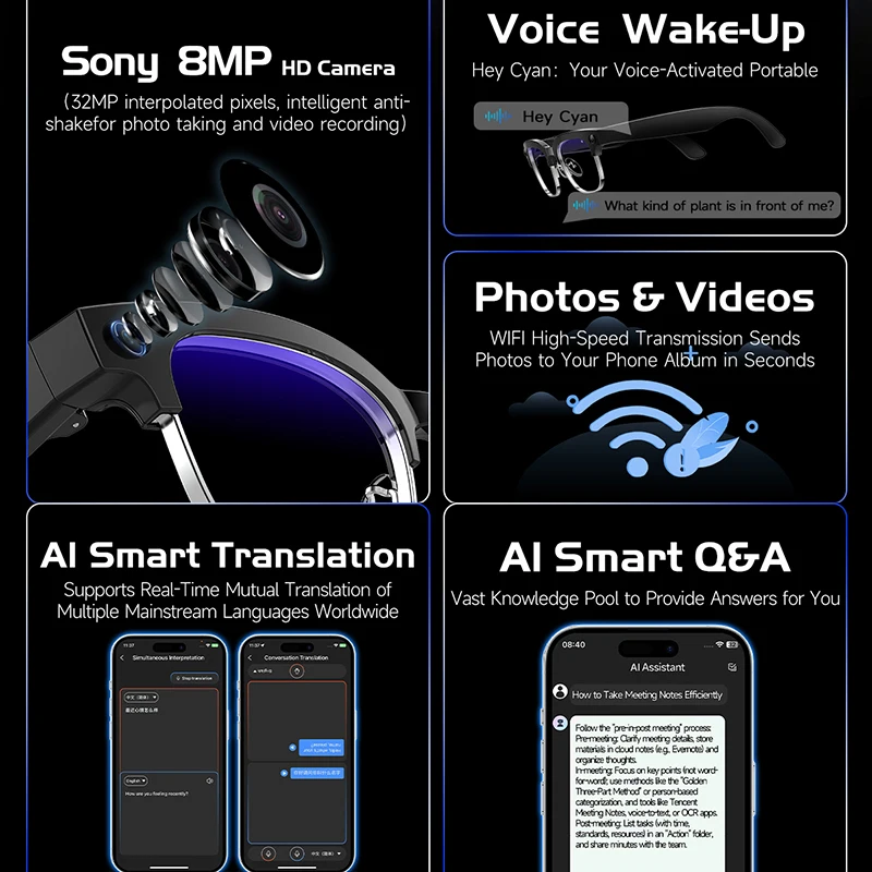 جديد AI النظارات الذكية 800 واط بكسل كاميرا بلوتوث دعوة صوت مساعد النظارات الشمسية مشغل موسيقى ترجمة 6K نظارات الضوء المضادة للبلو