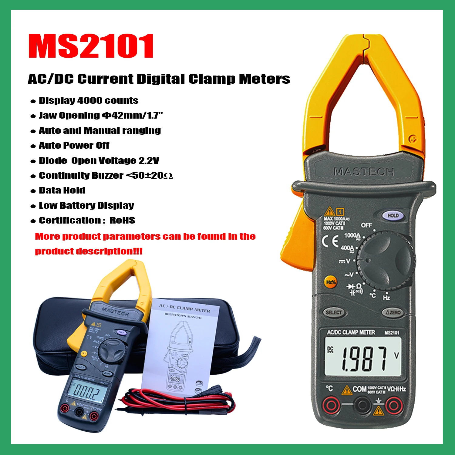 MASTECH MS2001 MS2001C MS2101 AC Current Digital Clamp Meter High Precision AC High Current Automatic Capacitor Tool Maintenance