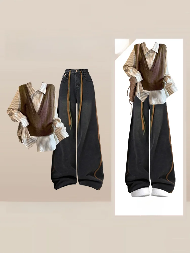 

Retro Lazy Knitted Vest irt Set Women's Winter Versatile Slimming Small Size High-End Feelings Faionable Tee-Piece Suit