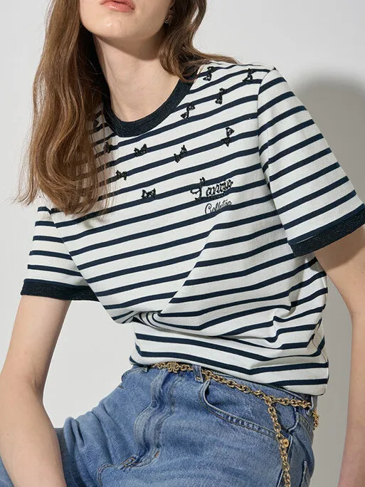 

Faionable round Ne Loose Women's T-irt with Embroidery Knot ort Sve Striped Pattern Commute Sle Summer...