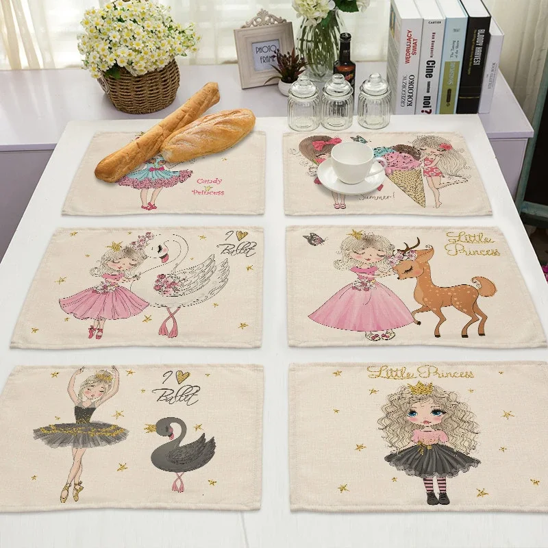 1-Piece 30x40cm Linen Placemat, Cute Girl Print, Kawaii Style, Kitchen & Dining Table Cup & Bowl Mat