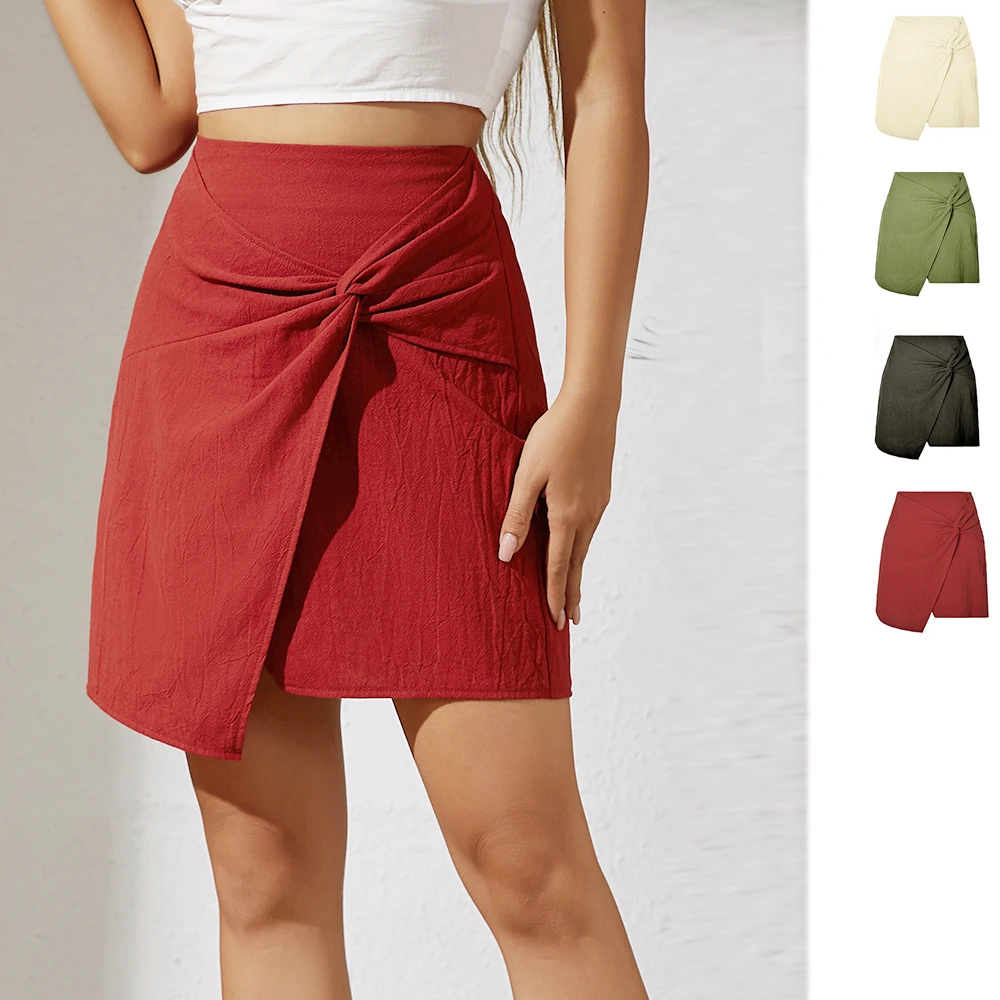 Summer Solid Temperament A Short Skirt Women's Spring New Korean Slim Skirt Twist High Waist Irregular Hip Skirt Tide Mini Skirt