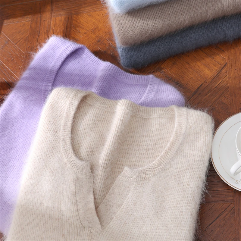 

New 100% Mink Cashmere Pullover for Women with Scissor Collar Solid Color Cashmere Sweater Casual Loose Knit Top