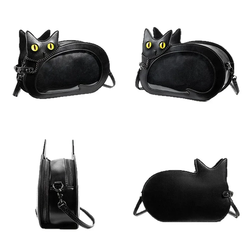 Gotische Schwarze Katzen-Ita-Tasche für Damen, Niedliche Umhängetasche mit Klarsichtfenster, Harajuku Mini-Schulter-Messenger-Tasche – Detail 3