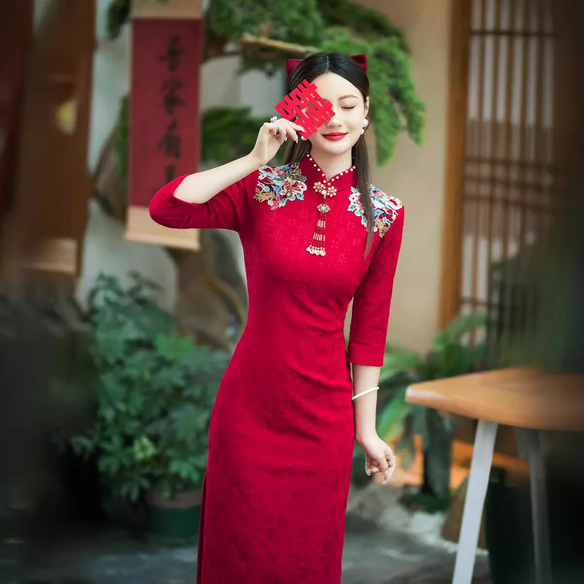 

Red Lace Qipao Wedding Dr Women's Faionable Seven-Sve Bridal Gown for Engagement Return Home Celebration Autumn Wear