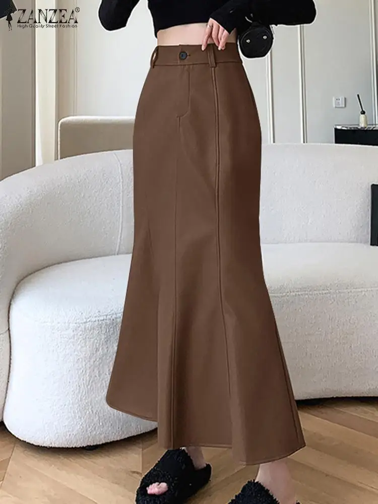 

ZANZEA Vintage Wrapped Hips Faldas High Waist Fishtail Skirt Women PU Leather Maxi Jupe Fashion Solid 2024 Autumn Skirt Oversize