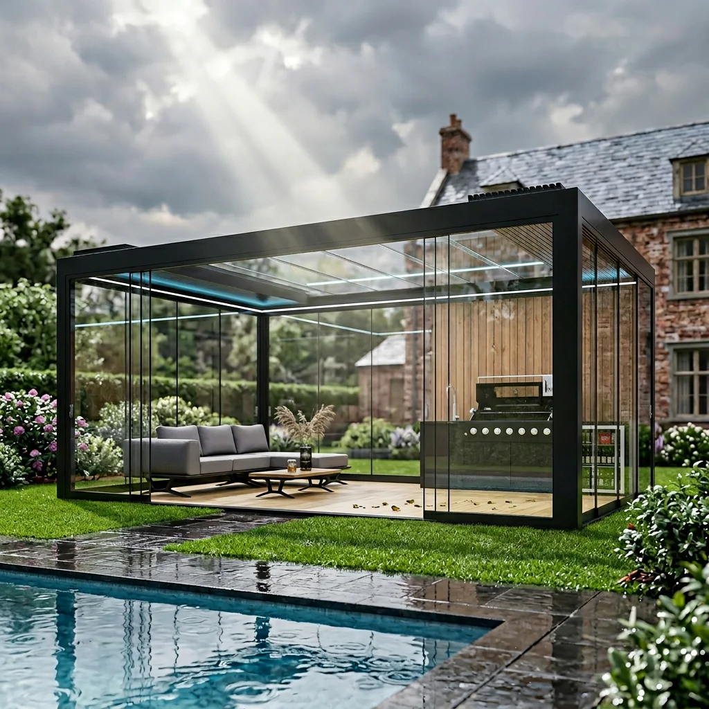 

Factory-customized Aluminum Alloy Electric Gazebos With Louvered Roofs Rainproof And Windproof For Outdoor Kitchens And Resorts