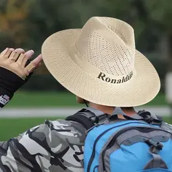 Summer Men Breathable UV Protect Sun Protection Bowknot Panama Wide Brim Cowboy Hat Straw Hat Sunscreen Cap Middle-aged