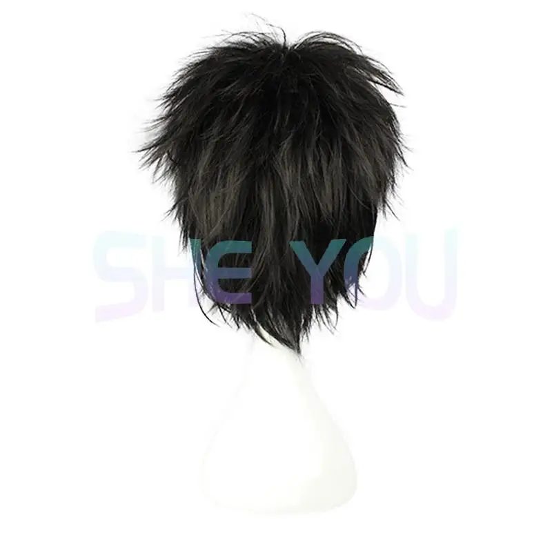 Anime Death Note L Cos วิกผม Mens L.Lawliet สั้นสีดำสังเคราะห์ Fluffy ผม Pelucas คอสเพลย์วิกผม + หมวกวิกผม