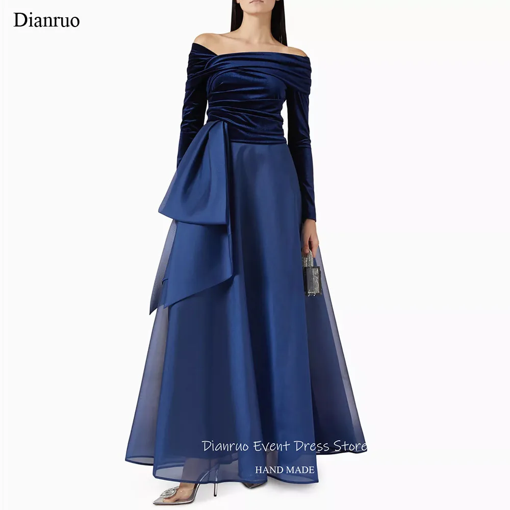 

Dianruo Navy Blue Organza Evening Dress Off Shoulder Long Party Gowns Velvet Bodice Ruched Vestidos De Graduación Customized