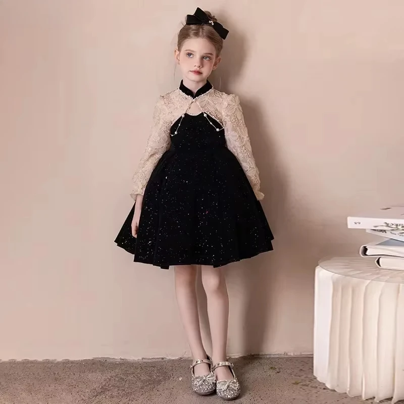 2025 Girls Dress Spring French Black Princess Dress Outer Wear Sweet PrincessCostume Vestidos Dresses Kids Children Clothing