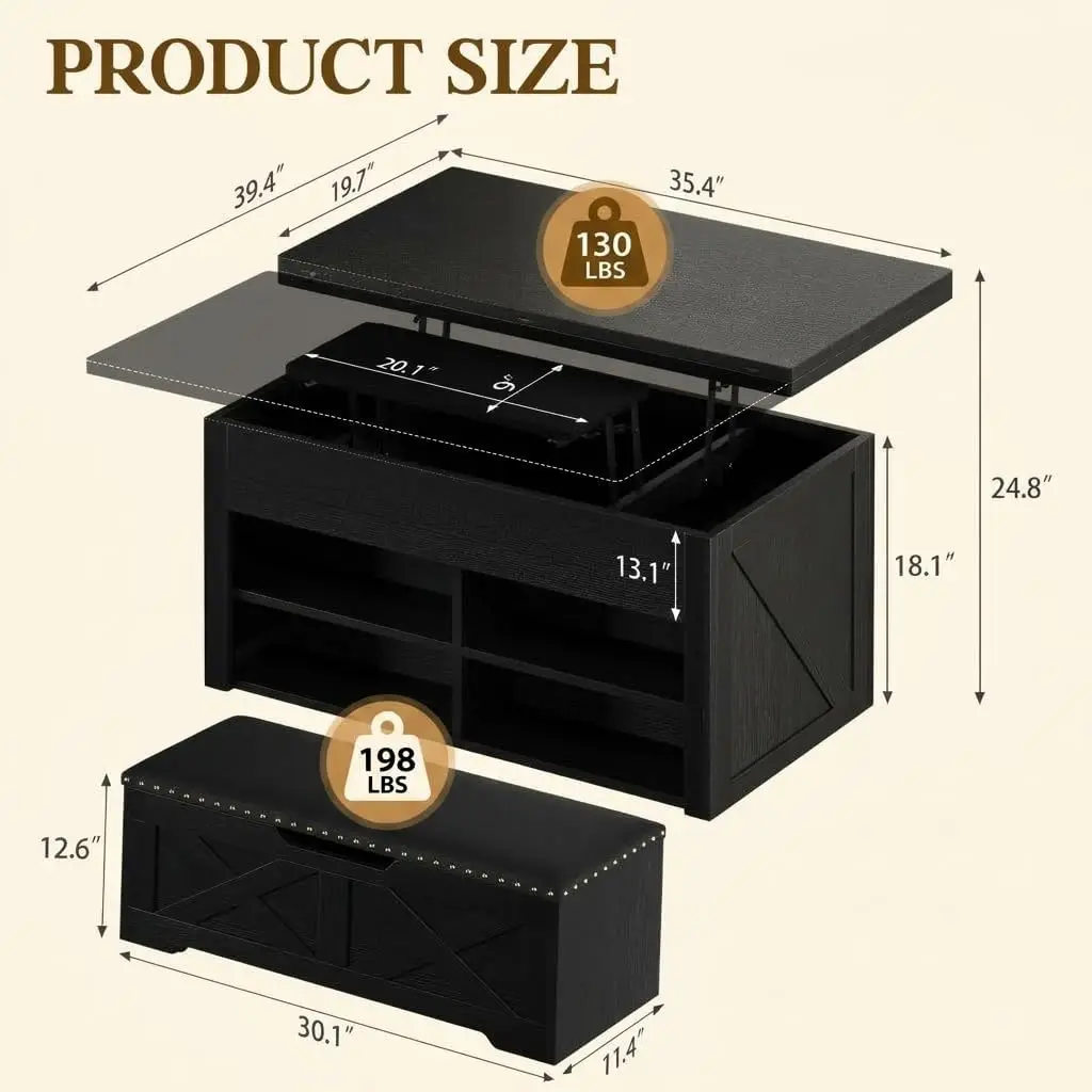 Lift Top Coffee Table with Storage Bench, 4-in-1 Convertible Design, Black