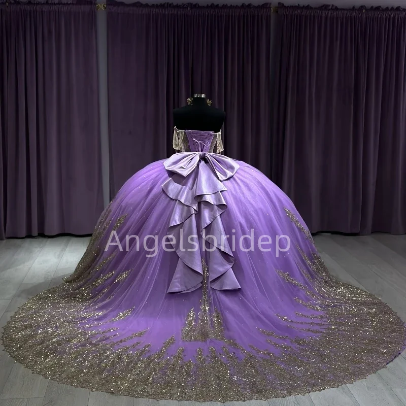 Angelsbride Lavender Ball Gown Quinceanera Dresses Vestidos De 15 Quinceañera With Gold Glitter Appliques Girl Party Dress