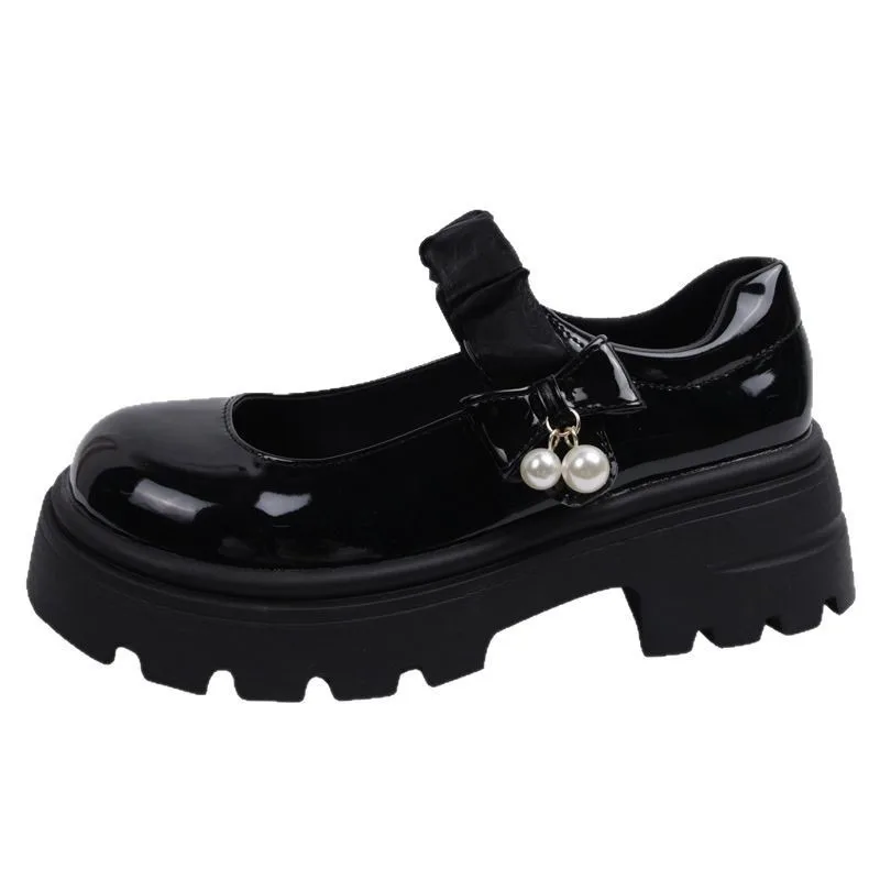 

Black French Thick Soled Mary Jane Little Leather For Women 2025 New Summer Dress Round Head Pearl Coarse Follow Up Shoes