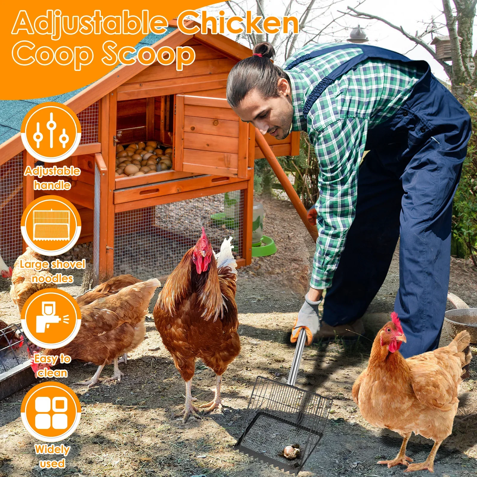 Chicken Poop Scooper with Adjustable Handle Stainless Steel Chicken Litter Scooper Rake with Sifting Hole Sifting Shovel