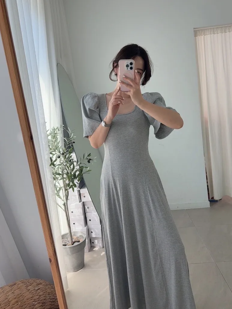 Chic col carré coupe ajustée t-shirt Dr femme douce polyvalente a-ligne jupe longue bulle Sve coton été Dr