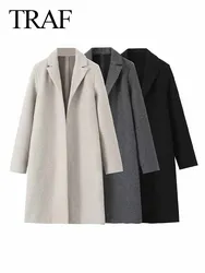 TRAF autunno inverno donna elegante manica lunga cappotto allentato donna Vintage tinta unita bavero caldo lungo giacca a vento soprabito abbigliamento