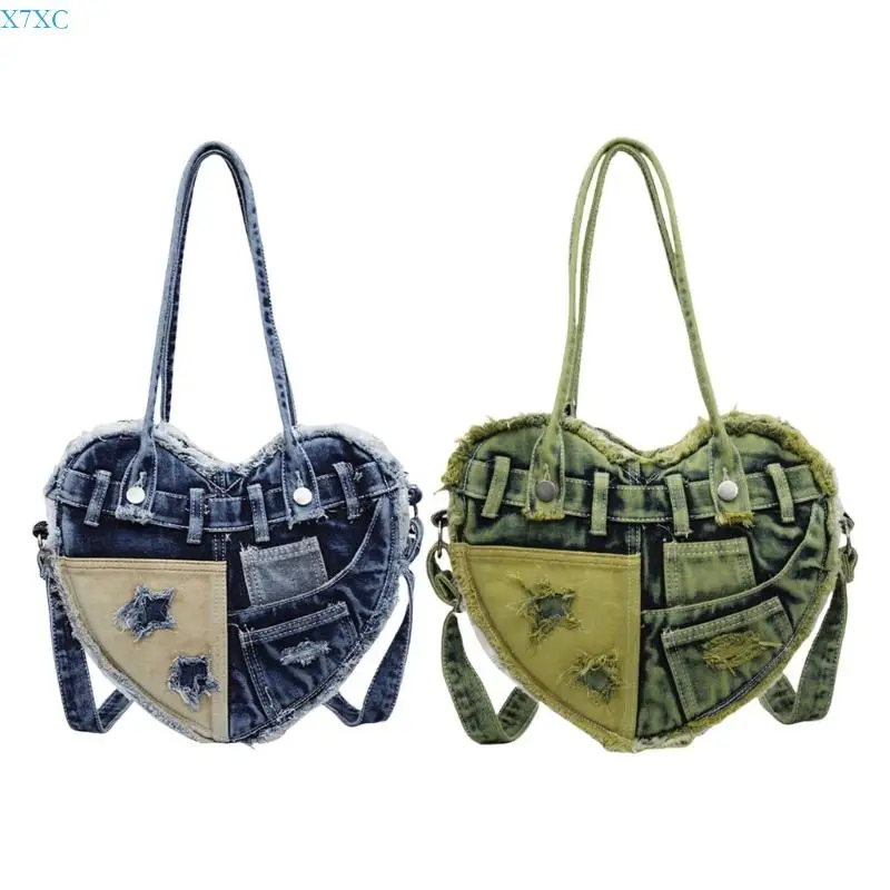 

X7XC Womens Stylish Shoulder Bag Commuting Bag Denims Underarm Bag Heart Shaped Armpit Bag Large Capacity Handbags