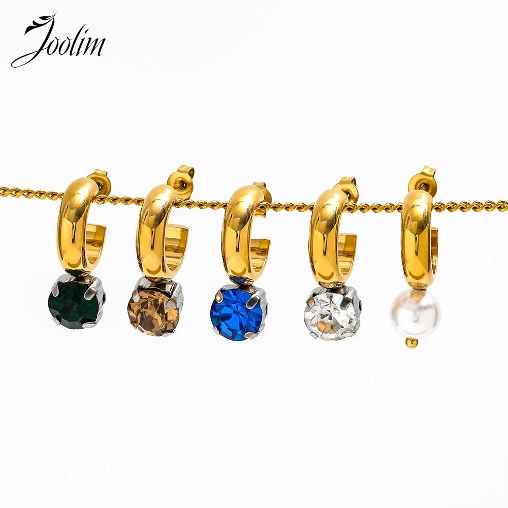 

Joolim Jewelry High Quality PVD Wholesale Vintage Geometric Colorful Zirconia Pearl Hoop Stainless Steel Earring for Women